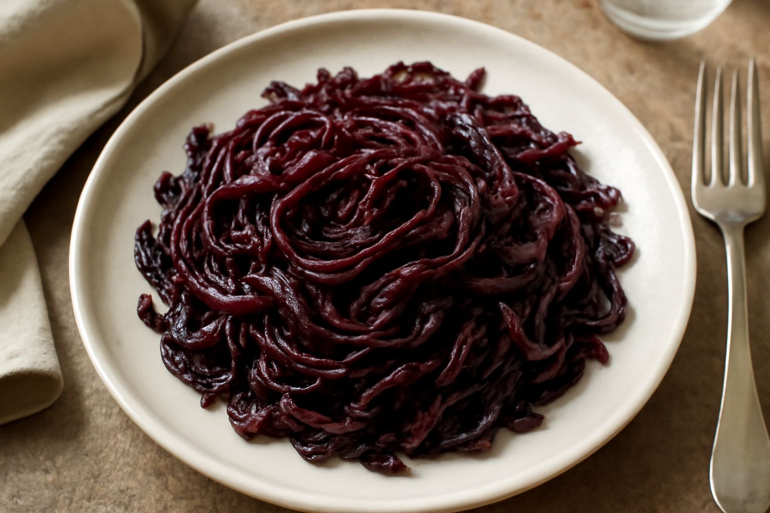 Piatto bianco con radicchio rosso tagliato a strisce sottili, raffreddate, croccanti e lucide, bordi lievemente caramellati, guarnito con un filo di olio extravergine e grani di sale grosso