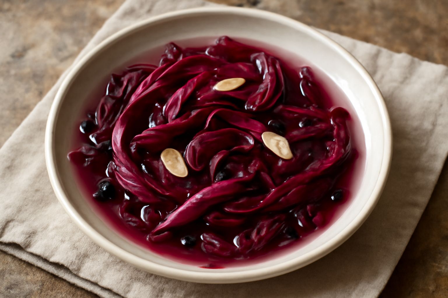 Barattoli trasparenti di vetro pieni di radicchio rosso tagliato a striscie immerse in aceto trasparente, con visibili chicchi di pepe nero e fettine di aglio bianco