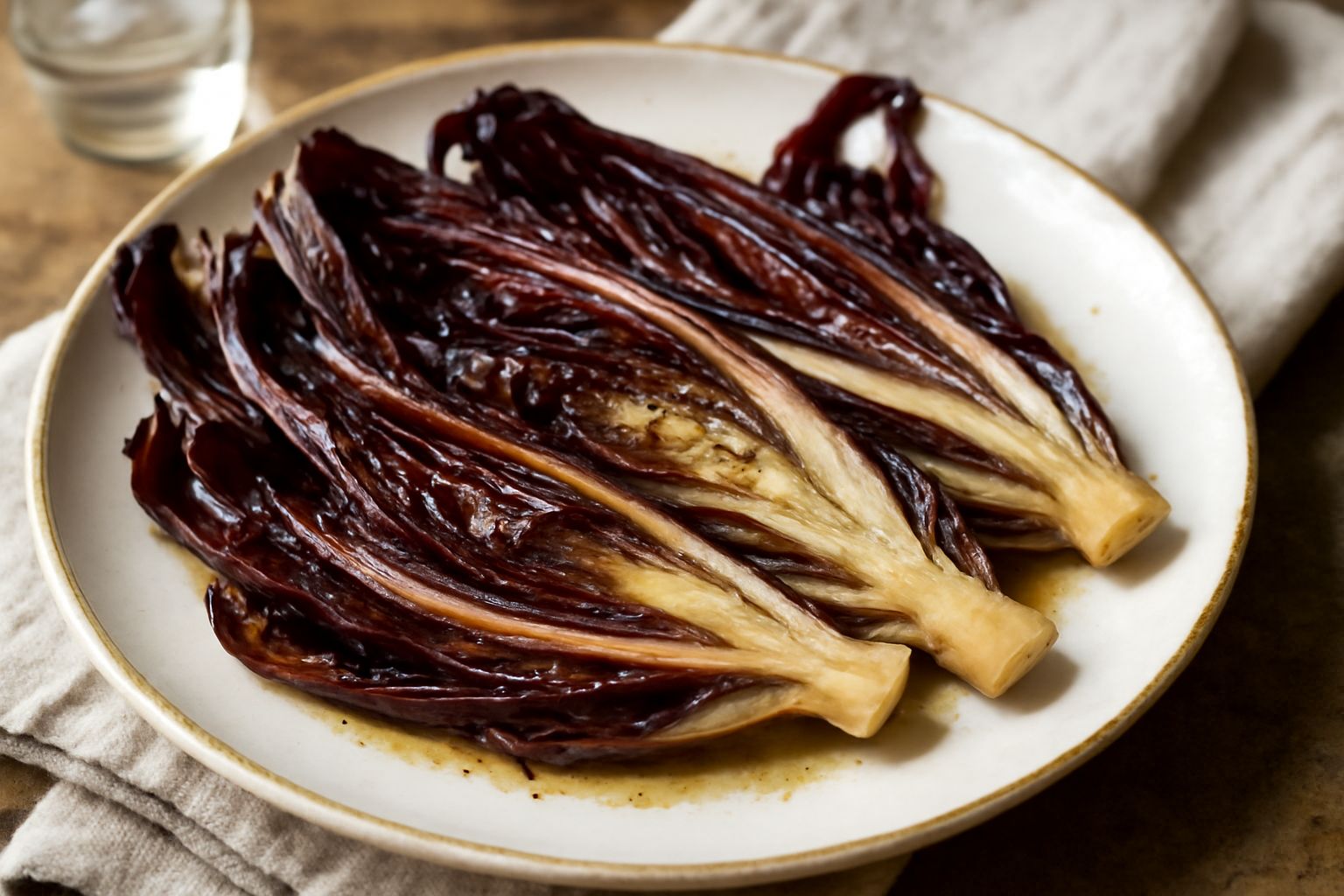 Radicchio rosso trevigiano saltato in padella, foglie croccanti dal rosso profondo al bordo dorato, aglio e olio d'oliva, servito in piatto bianco, sfondo grigio neutro