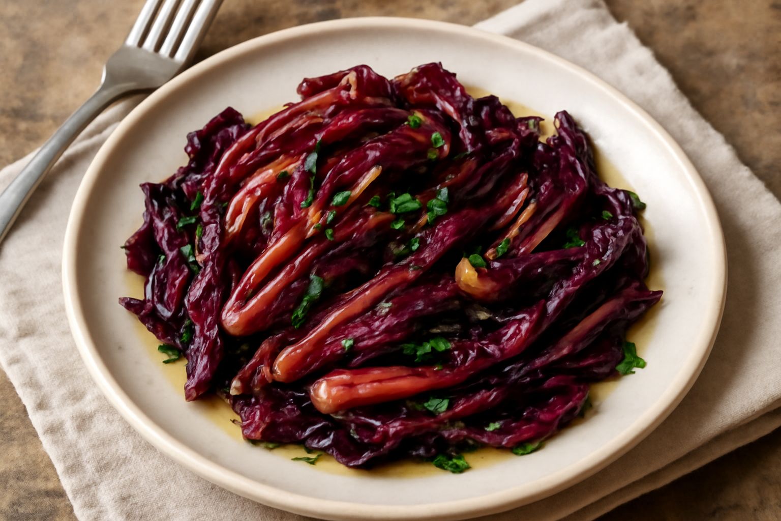 Piatto bianco con radicchio rosso trifolato caramellato, spicchi di aglio dorato, olio lucente sulle foglie e prezzemolo fresco tritato sopra