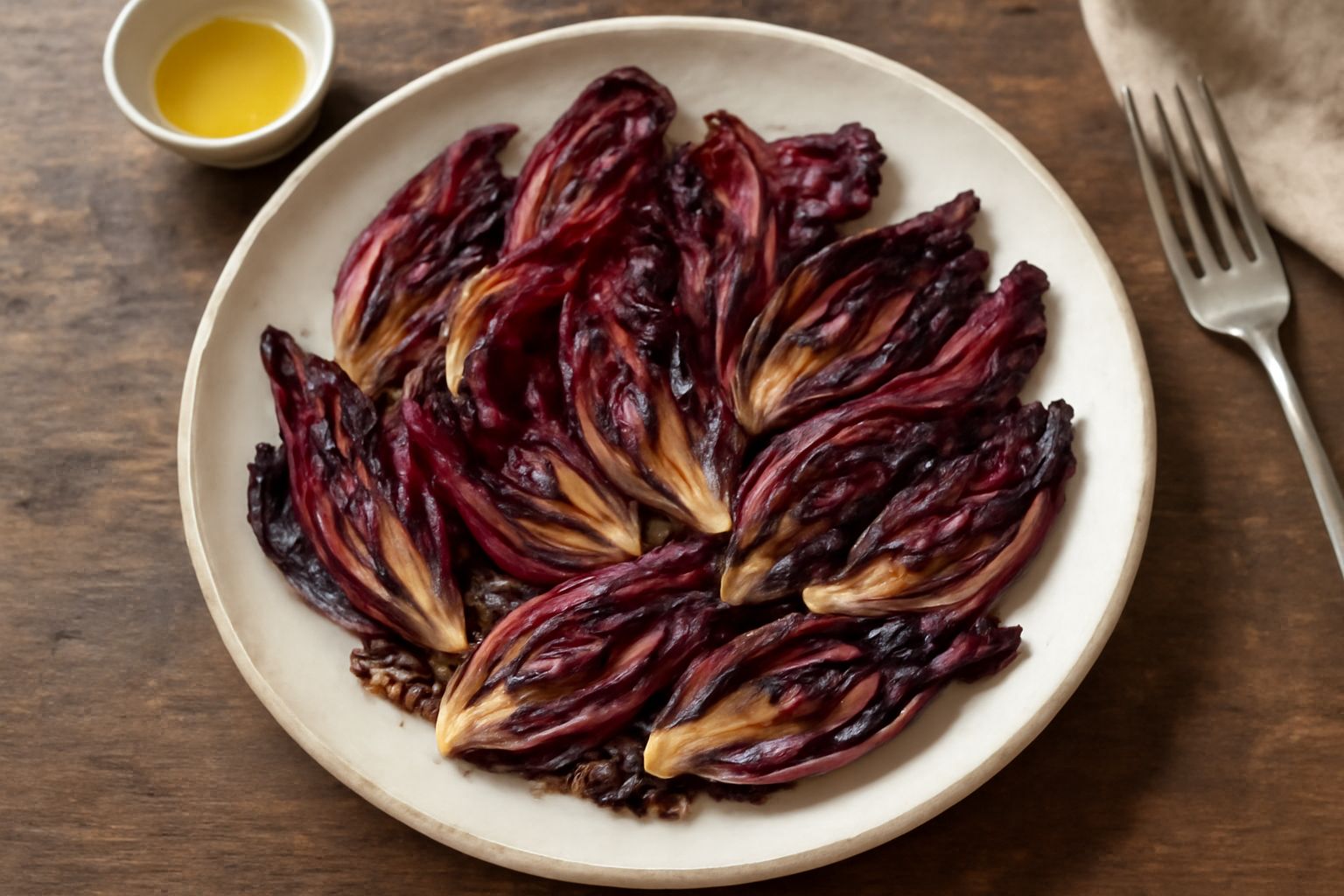 Radicchio rosso saltato in padella, tagliato a spicchi, con bordi caramellati dorati e leggermente anneriti, aglio sbiadito e olio brillante, impiattato in un piatto bianco