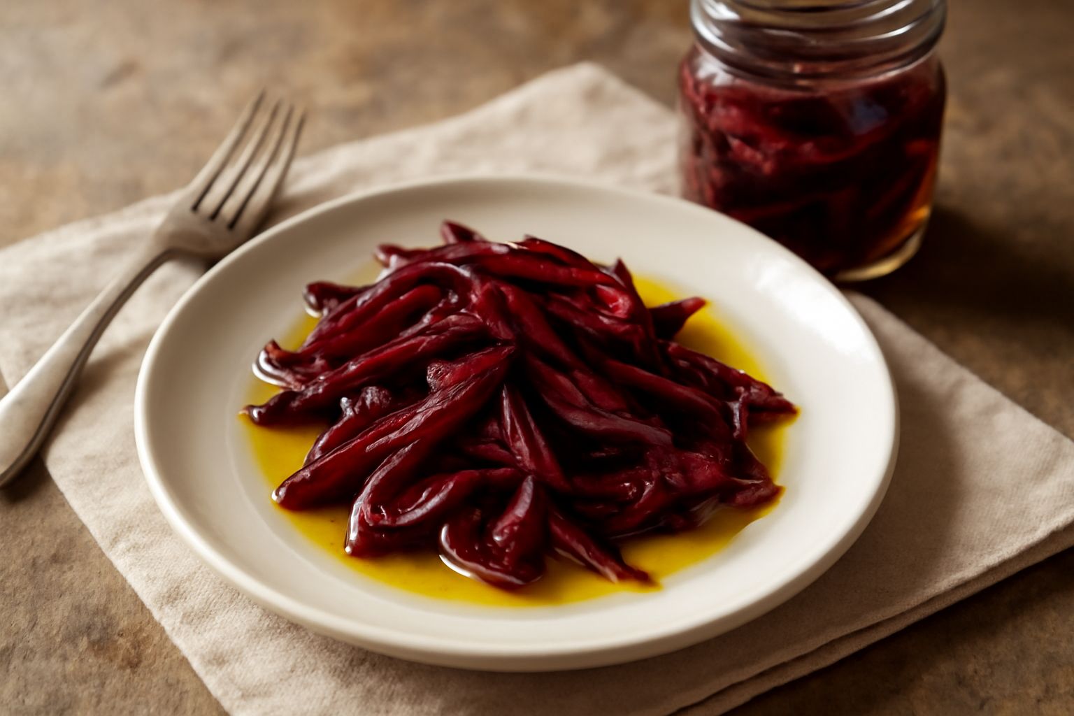 Vasetto di vetro con radicchio rosso a julienne immerso in olio extravergine chiaro, guarnito con aglio affettato e peperoncino rosso secco, su fondo bianco