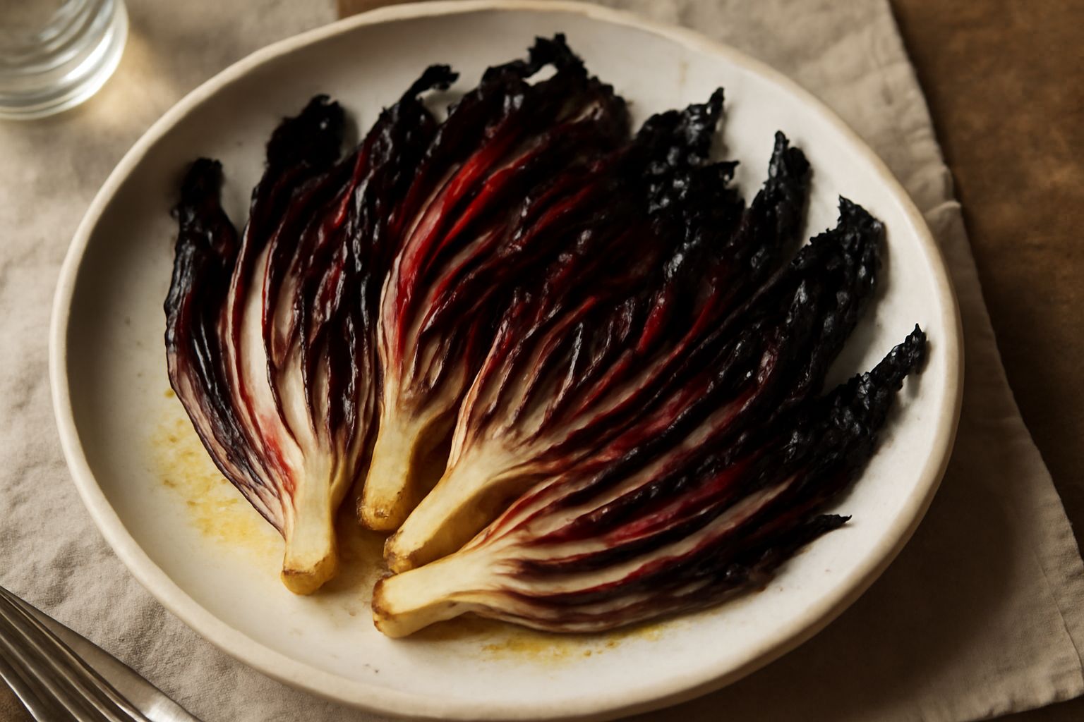 Radicchio tardivo rosso scuro tagliato a spicchi, disposto su piatto bianco con bordi leggermente anneriti dal forno, condito con olio e rosmarino fresco