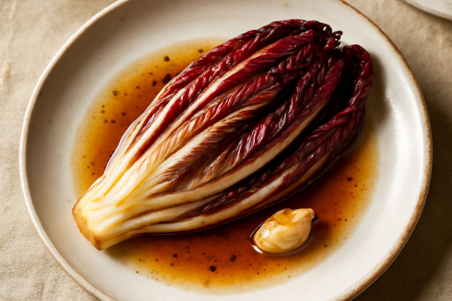 Radicchio trevigiano stufato in padella, foglie rosse e bianche ossidate dal calore, aglio dorato, olio lucido sulla superficie, servito in piatto bianco fondo