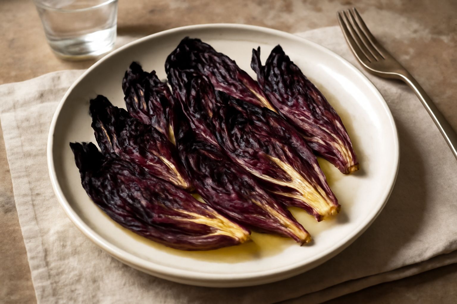 Radicchio triestino arrostito al forno, tagliato a spicchi, con foglie rosse scure caramellate ai bordi, condito con olio d'oliva e sale, servito in piatto bianco