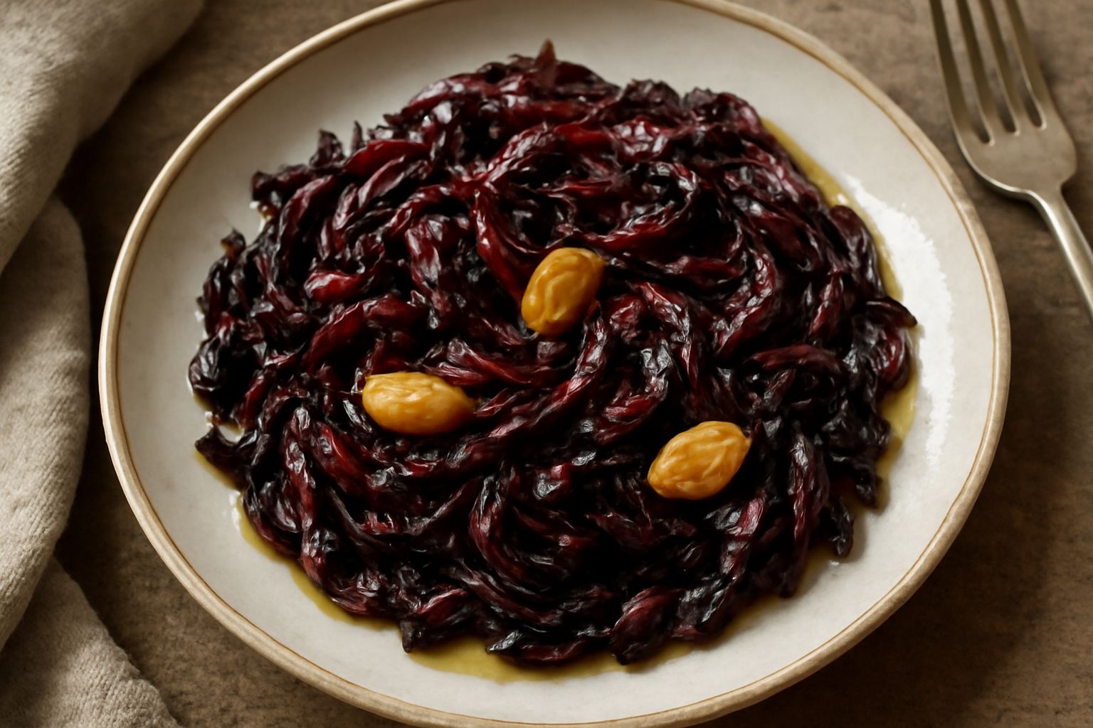 Radicchio rosso scuro tagliato a listarelle, saltato in padella con aglio dorato, servito in un piatto bianco con gocce di olio di oliva lucido