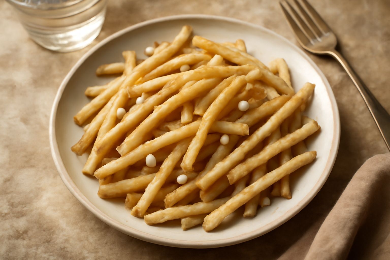 Radici di barba di becco cotte dorate in una padella di terracotta, condite con olio verde scuro, aglio affettato e prezzemolo fresco tritato, servite come contorno su un piatto bianco