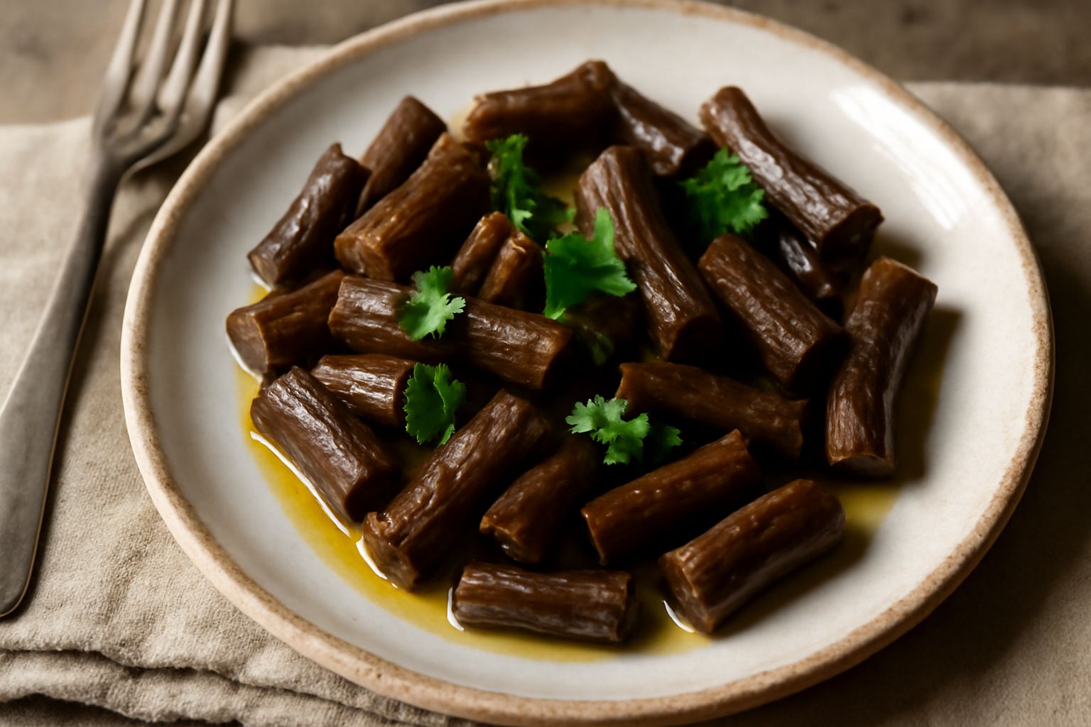 Radici di cicoria lessate di colore marrone scuro, tagliate a pezzi e disposte in un piatto bianco con un filo di olio d'oliva in superficie e prezzemolo fresco