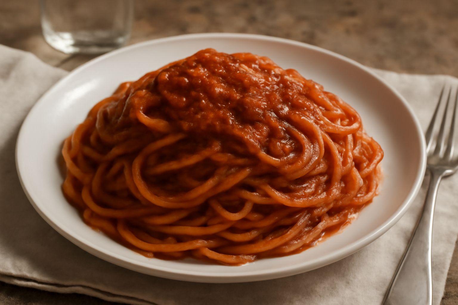Piatto bianco con pasta lunga ricoperta di ragù denso rosso scuro, carne visibilmente cotta, grattugia di parmigiano giallo sulla superficie, contorno di prezzemolo fresco