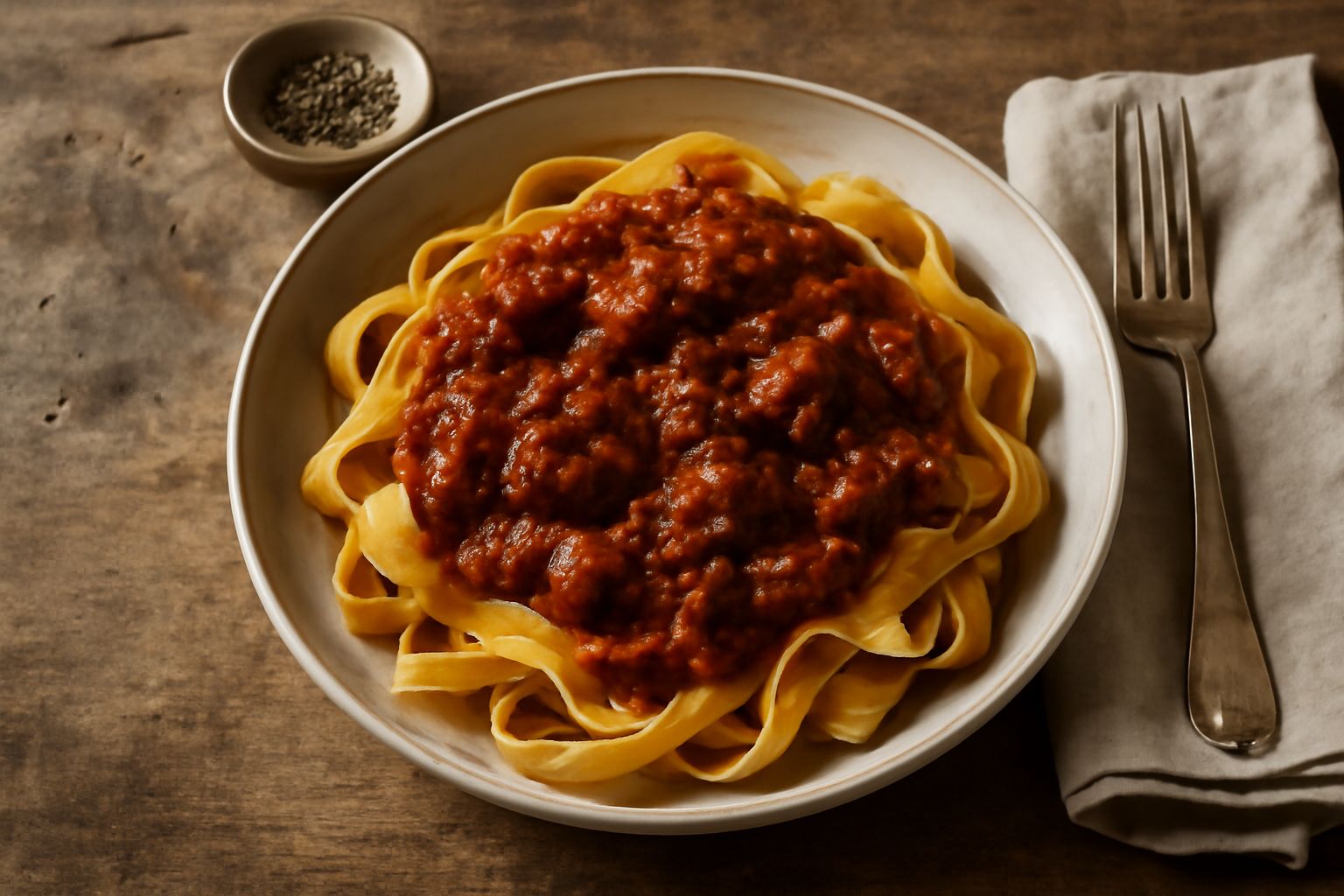 Ragù alla lucana rosso scuro e denso in un piatto bianco, condito su pappardelle fatte in casa, carne visibile, guarnito con parmigiano grattugiato, cucchiaio di legno a lato
