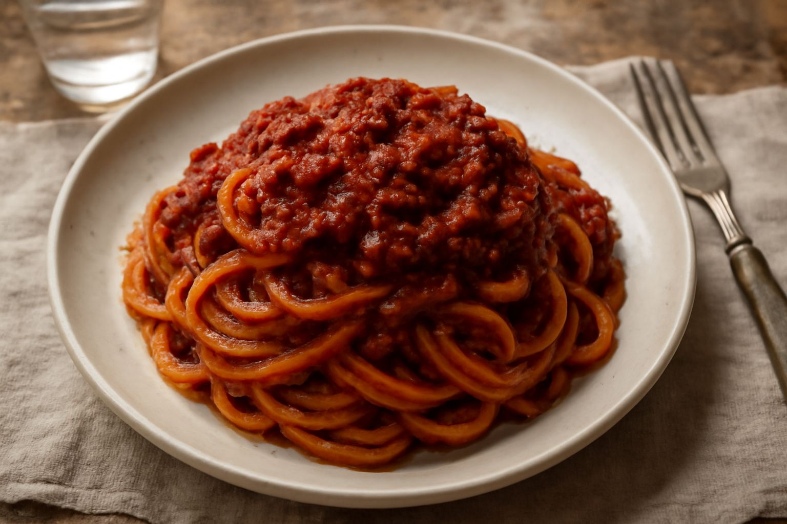 Piatto di tagliatelle all'uovo coperto da ragù rosso scuro e denso, guarnito con grana grattugiato bianco, in una ciotola bianca su sfondo cucina naturale