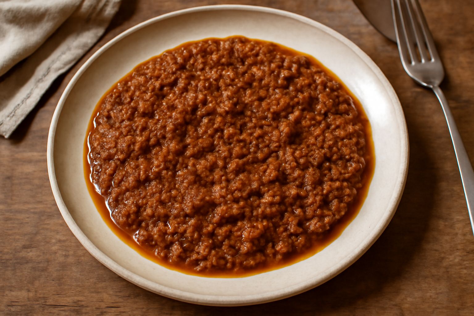 Ragù alla milanese cremoso in una pentola di ghisa: sugo marrone scuro e denso con pezzetti di carne visibili, rosmarino fresco sul bordo, fuoco basso sottostante