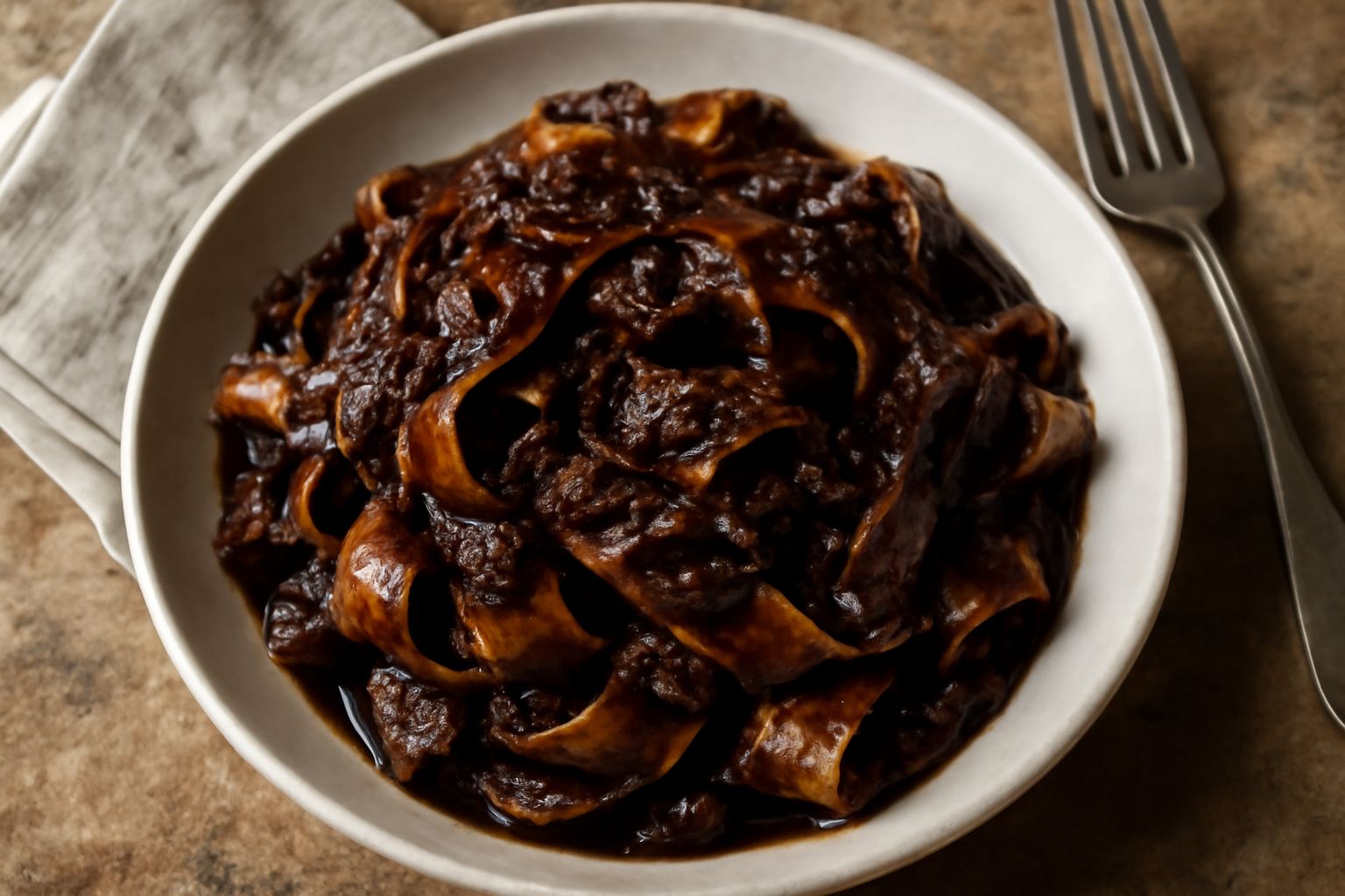 Un piatto di pasta all'uovo coperto da ragù denso di colore marrone scuro, con visibili pezzetti di carne cotta, servito in un piatto bianco fondo con un cucchiaio accanto.