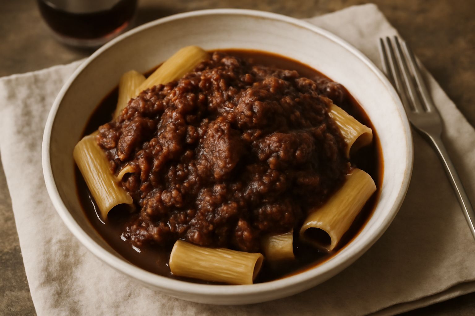 Ragù alla palermitana in ciotola bianca: sugo denso marrone scuro con frammenti di carne visibile, cipolla e pomodoro ridotti, condimento lucido su sfondo bianco