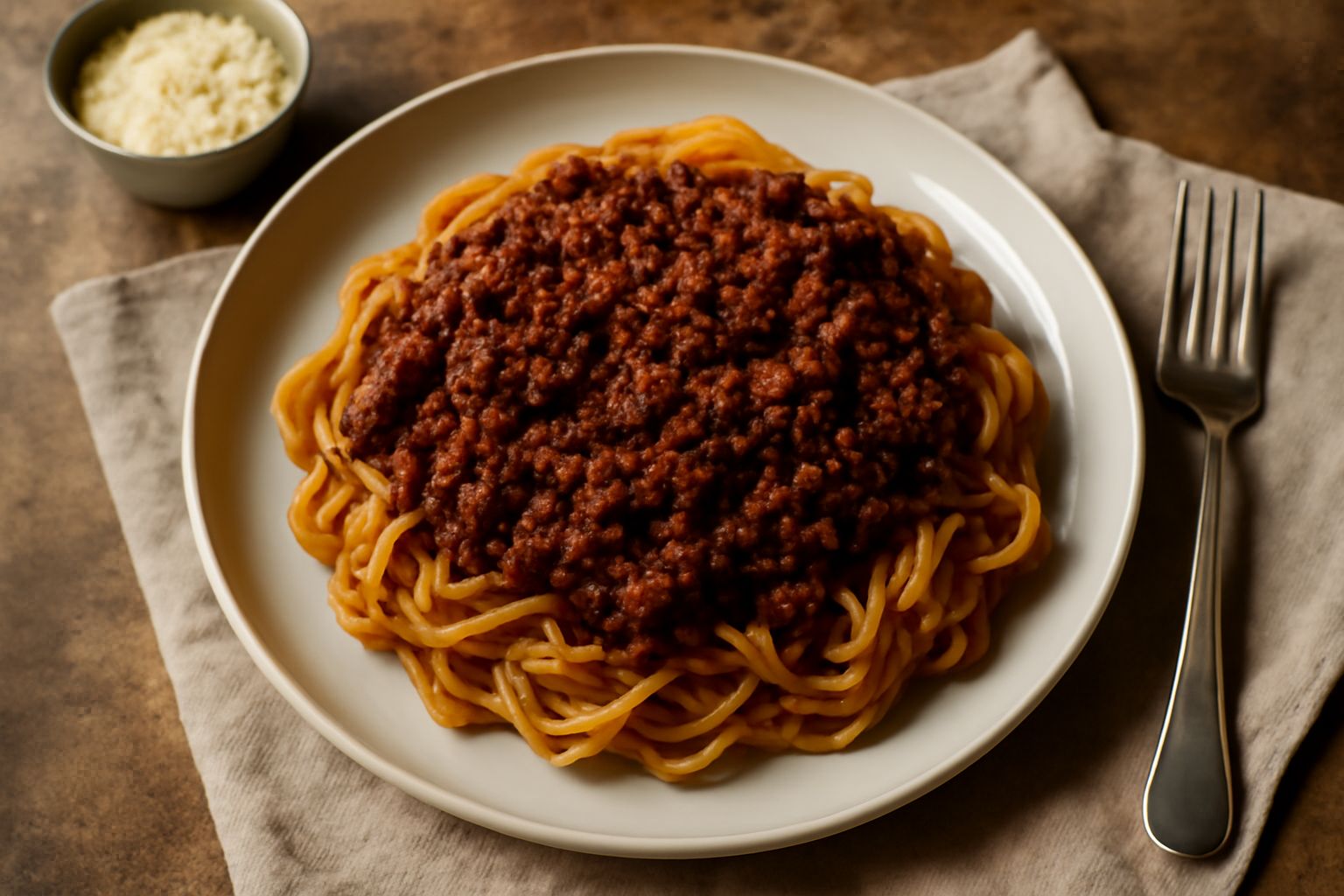 Un piatto fondo di pasta fresca all'uovo condita con ragù denso marrone scuro, visibile la carne cotta, parmigiano grattugiato bianco e pepe nero in superficie, ragù che aderisce perfettamente alla pa