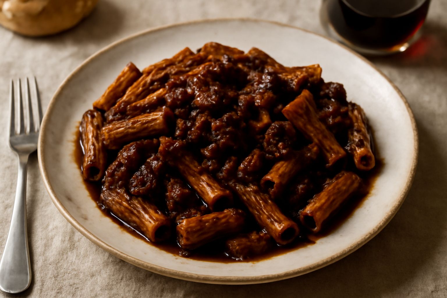 Un piatto fondo di pasta con ragù alla ragusana, sugo marrone scuro e denso che ricopre la pasta, carne visibile in pezzi piccoli, grattugia di formaggio fresco sopra, fondo di ceramica bianca