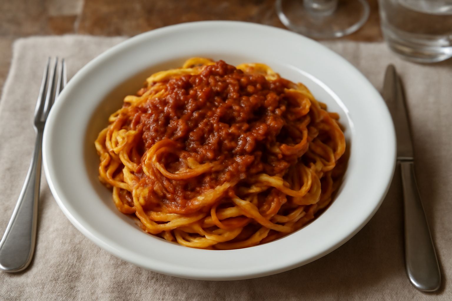 Piatto di tagliatelle fresche condite con ragù romagnolo denso rosso scuro, guarnito con parmigiano reggiano grattugiato e un cucchiaio di legno in terracotta bianca