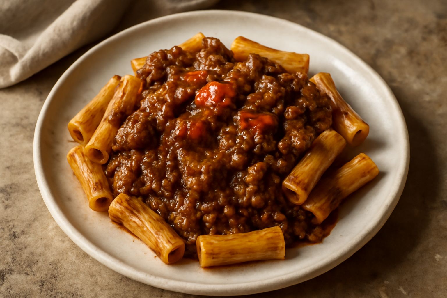 Piatto di pasta rigatoni condita con ragù alla romana marrone scuro e denso, servito in piatto bianco fondo con grattugia di parmigiano fresco e cucchiaio accanto