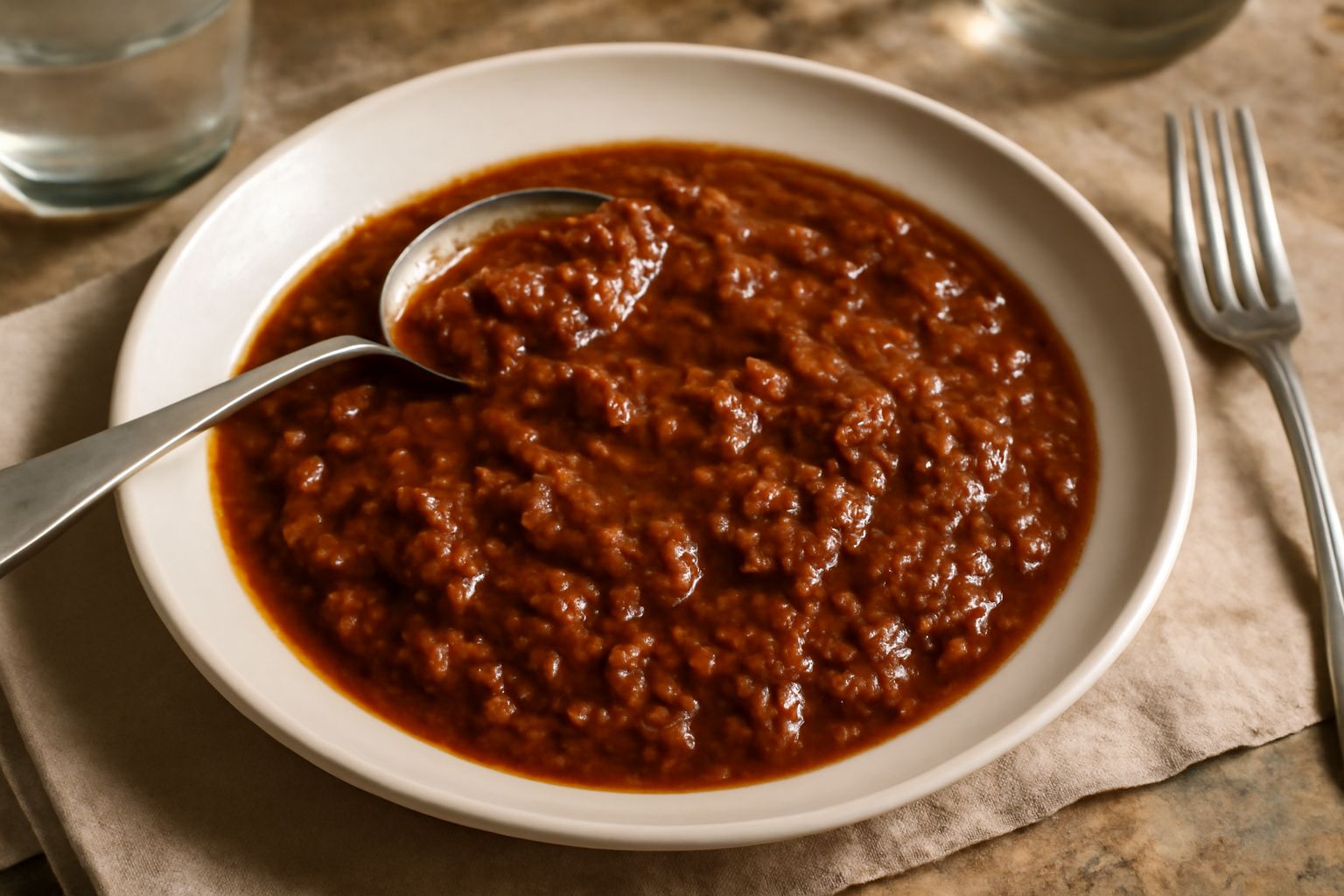 Piatto di pasta condita con ragù alla siracusana: sugo denso e marrone scuro, visibili frammenti di carne, pomodoro e cipolla, con riccioli di formaggio grattugiato sopra e fondo di piatto bianco