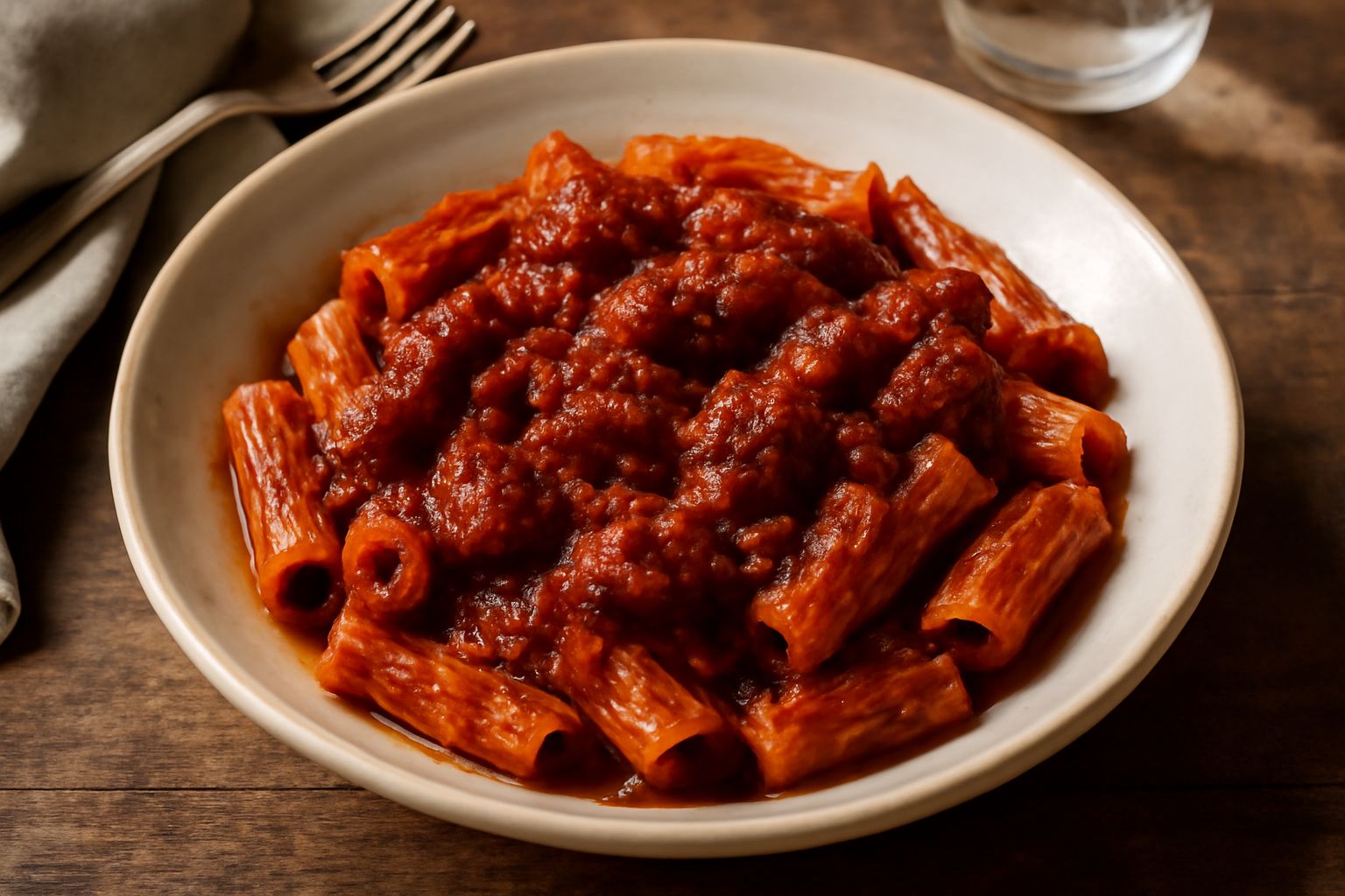 Ragù alla teramana denso e rosso in una pentola di coccio, con pezzi di carne tenerissimi visibili in superficie, in primo piano su uno sfondo di cucina rustica