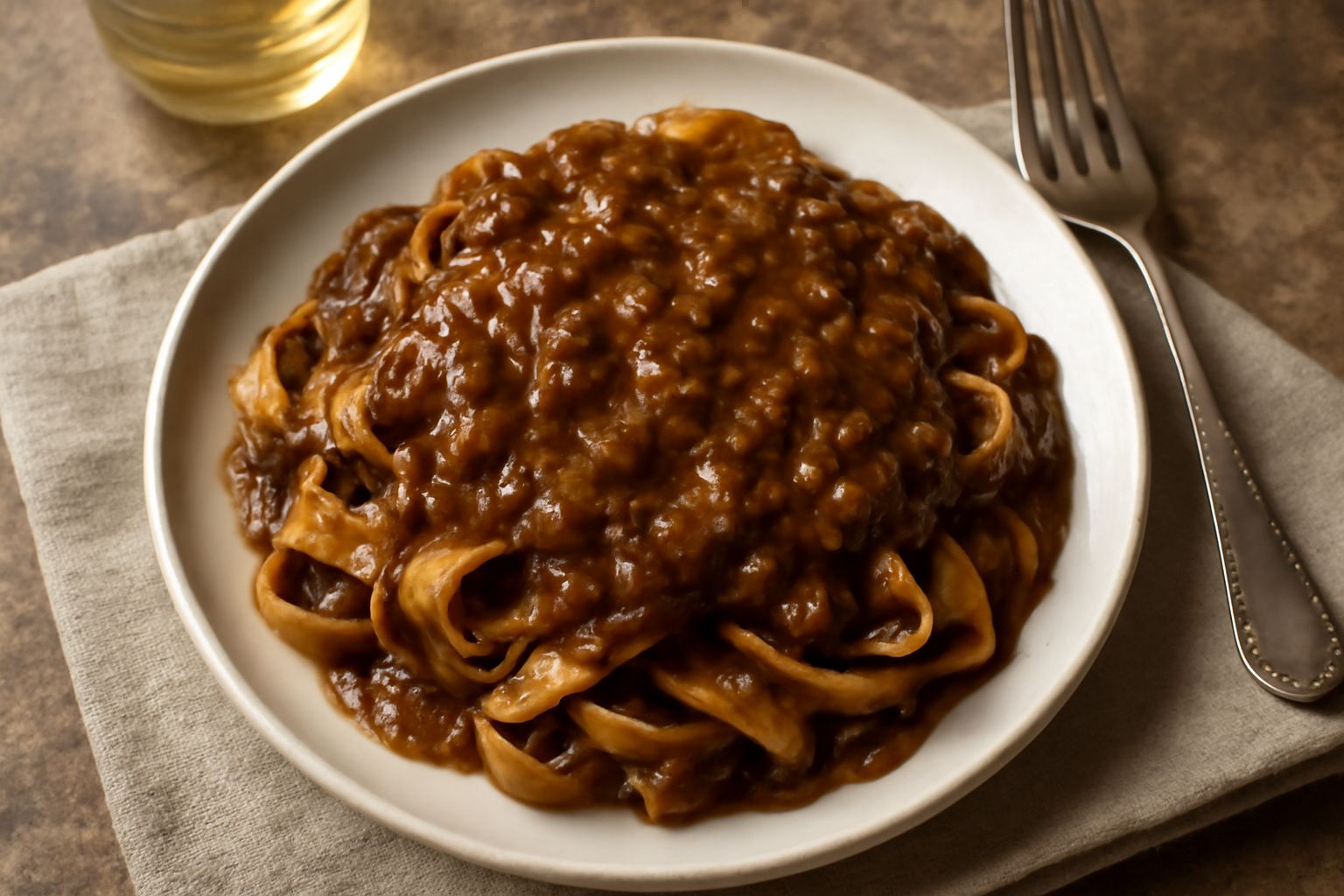 Un piatto di pasta lunga ricoperto da ragù marrone scuro e denso con visibili frammenti di carne e pancetta, guarnito con parmigiano grattugiato bianco e un filo di olio d'oliva