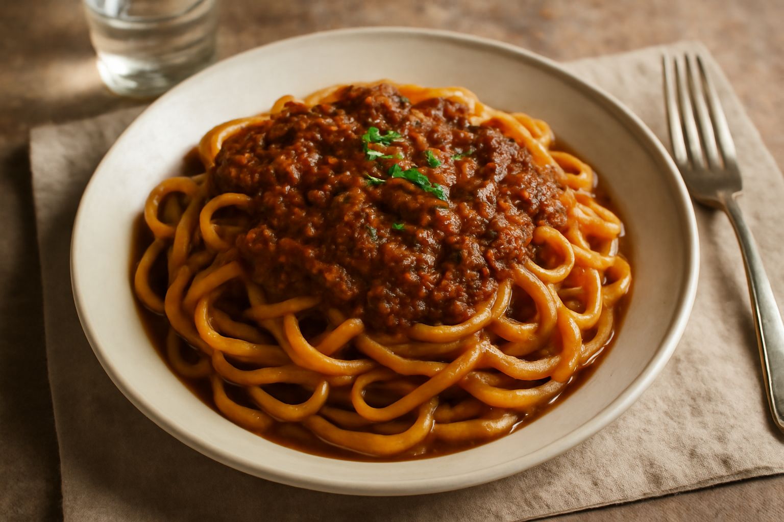 Piatto di pasta fresca ricoperta di ragù denso marrone rossiccio, con pezzetti di carne visibili, grana grattugiato giallo oro sparso in superficie, porzione abbondante in ciotola di ceramica bianca