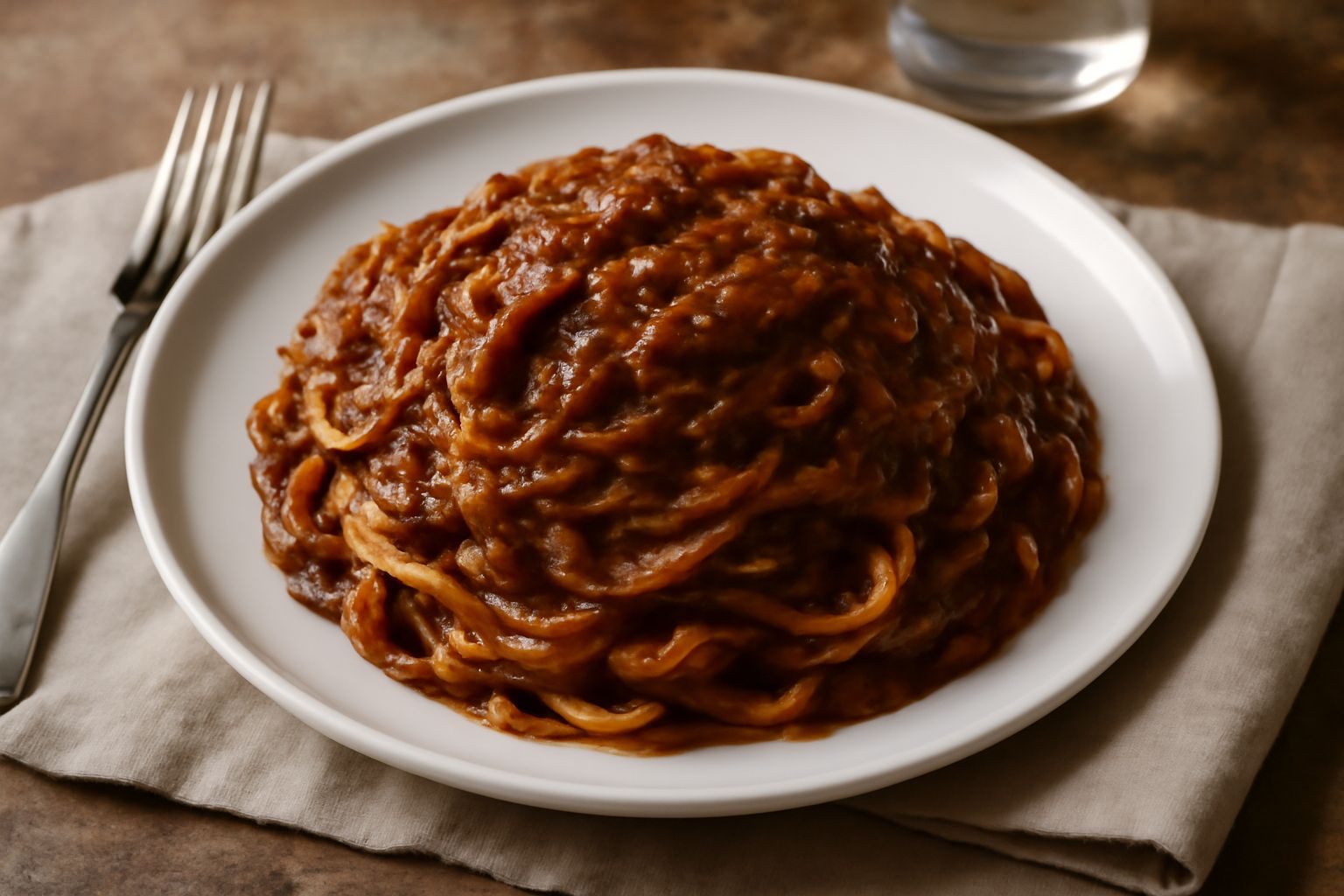 Piatto di tagliatelle fresche ricoperte di ragù alla vicentina marrone scuro, mantecato, con pasta ondulata dorata e salsa che aderisce ai fili di pasta, contorno bianco del piatto visibile