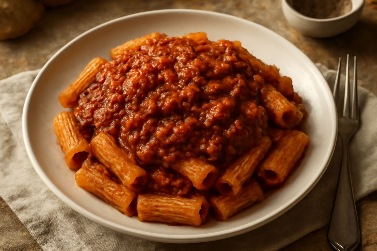 Piatto di pasta rigatoni condita con ragù agrigentino denso di colore rosso scuro, spolverato di pecorino grattugiato, servito in un piatto bianco fondo