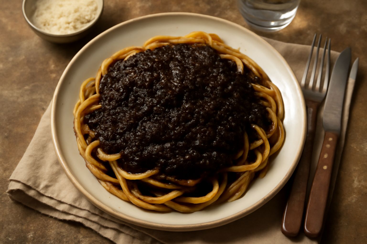 Ragù altamurano denso di colore marrone scuro in una ciotola di ceramica, con visibili pezzetti di carne e pomodoro, accompagnato da un cucchiaio di legno su tavolo bianco