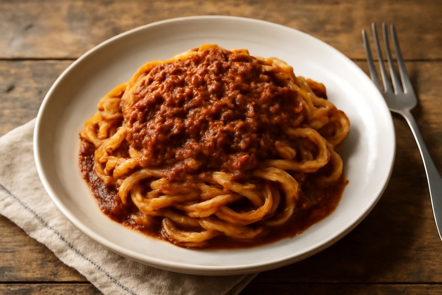 Piatto di pasta fresca con ragù anconetano: sugo denso e marrone scuro con carni frante, guarnito di parmigiano grattugiato, su fondo bianco in ceramica