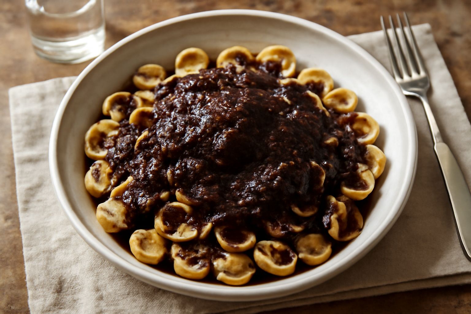 Una ciotola di terracotta piena di ragù barese scuro, denso e oleoso, con tracce di grasso brunito in superficie, accanto a un pane casereccio toscano affettato