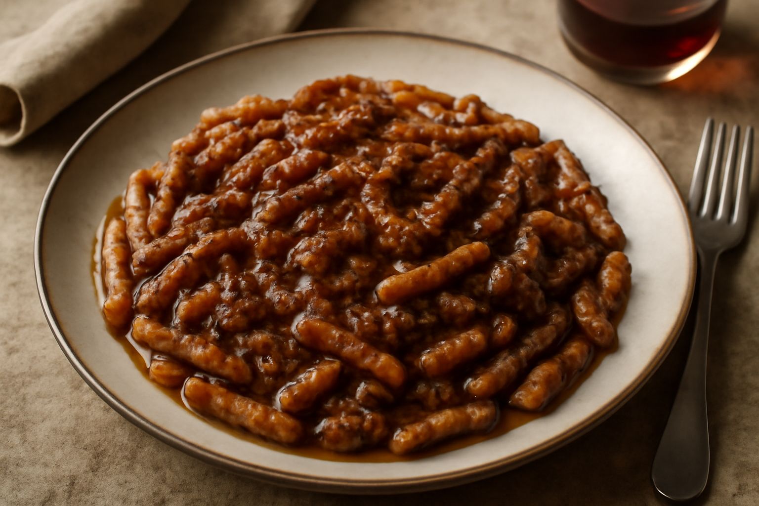 Ragù basilicano denso e scuro in una pentola di terracotta, con bava di grasso in superficie, vapore leggero, accanto un mucchio di pasta fresca riccia e foglie di basilico fresco