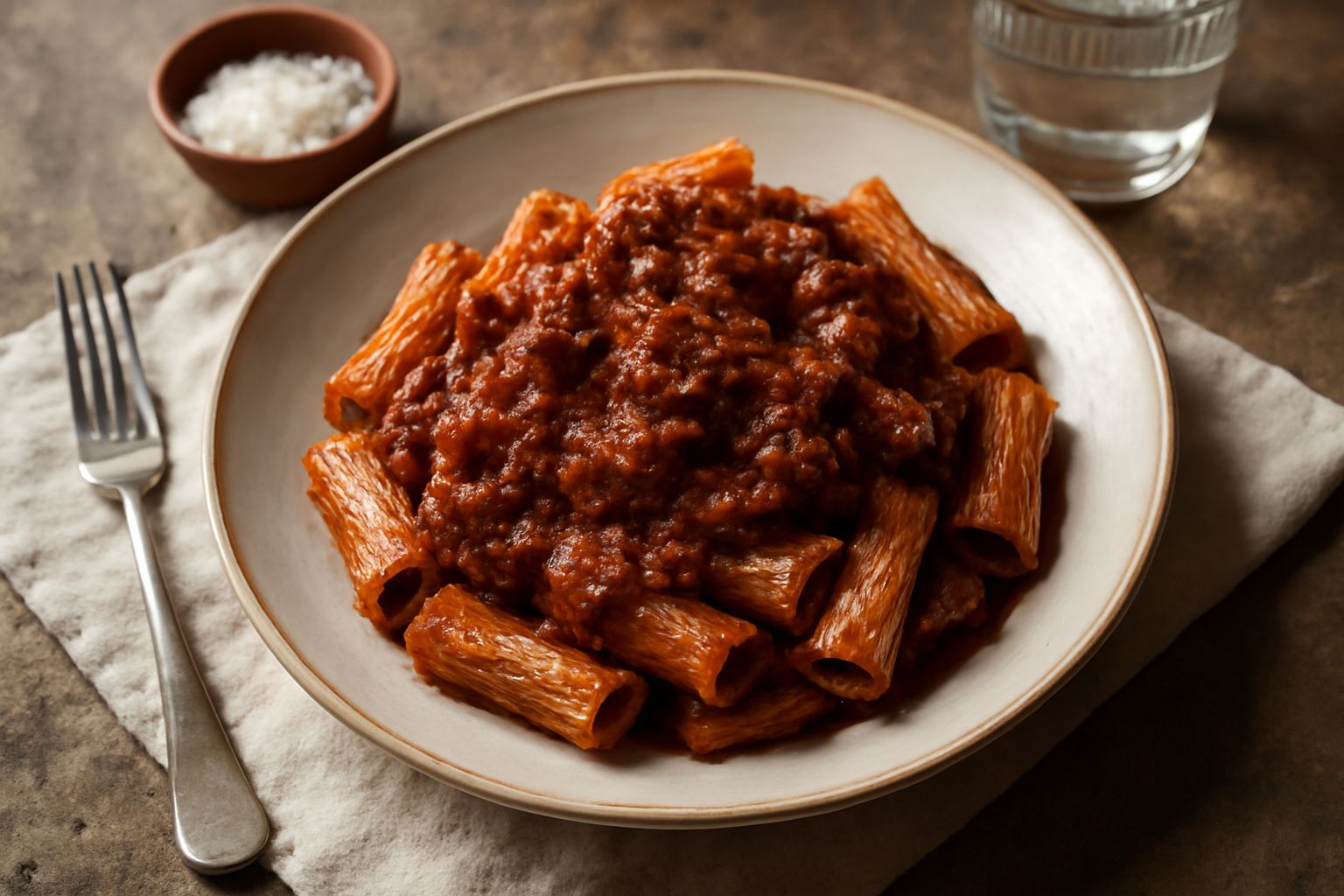 Ragù beneventano denso e rosso scuro in un piatto bianco, servito su pasta lunga appena condita, con basilico fresco e parmigiano grattugiato in superficie