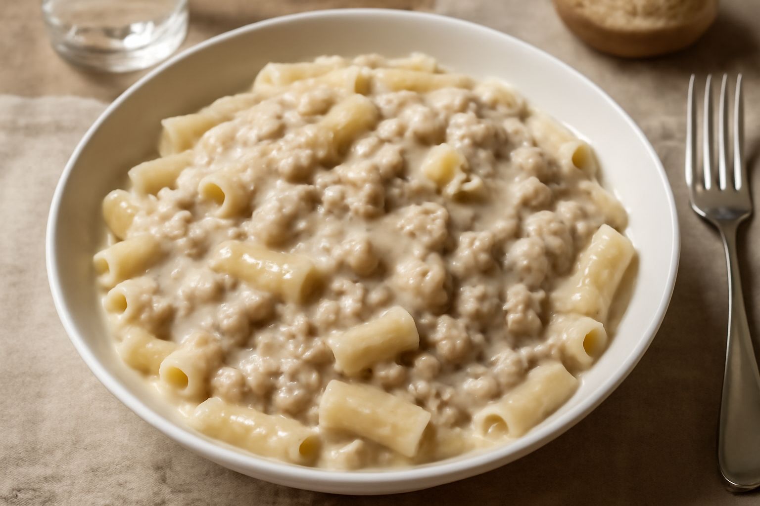 Piatto di pasta all'uovo condita con ragù bianco cremoso, guarnito con parmigiano grattugiato e prezzemolo fresco, servito in un piatto bianco fondo