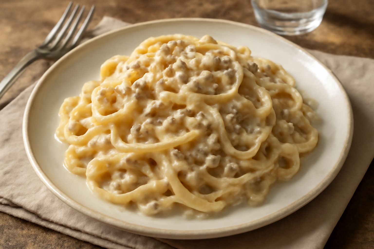 Piatto di tagliatelle fresche condite con ragù bianco di vitello, cremoso e beige, guarnito con parmigiano grattugiato e prezzemolo verde, su piatto di ceramica bianca