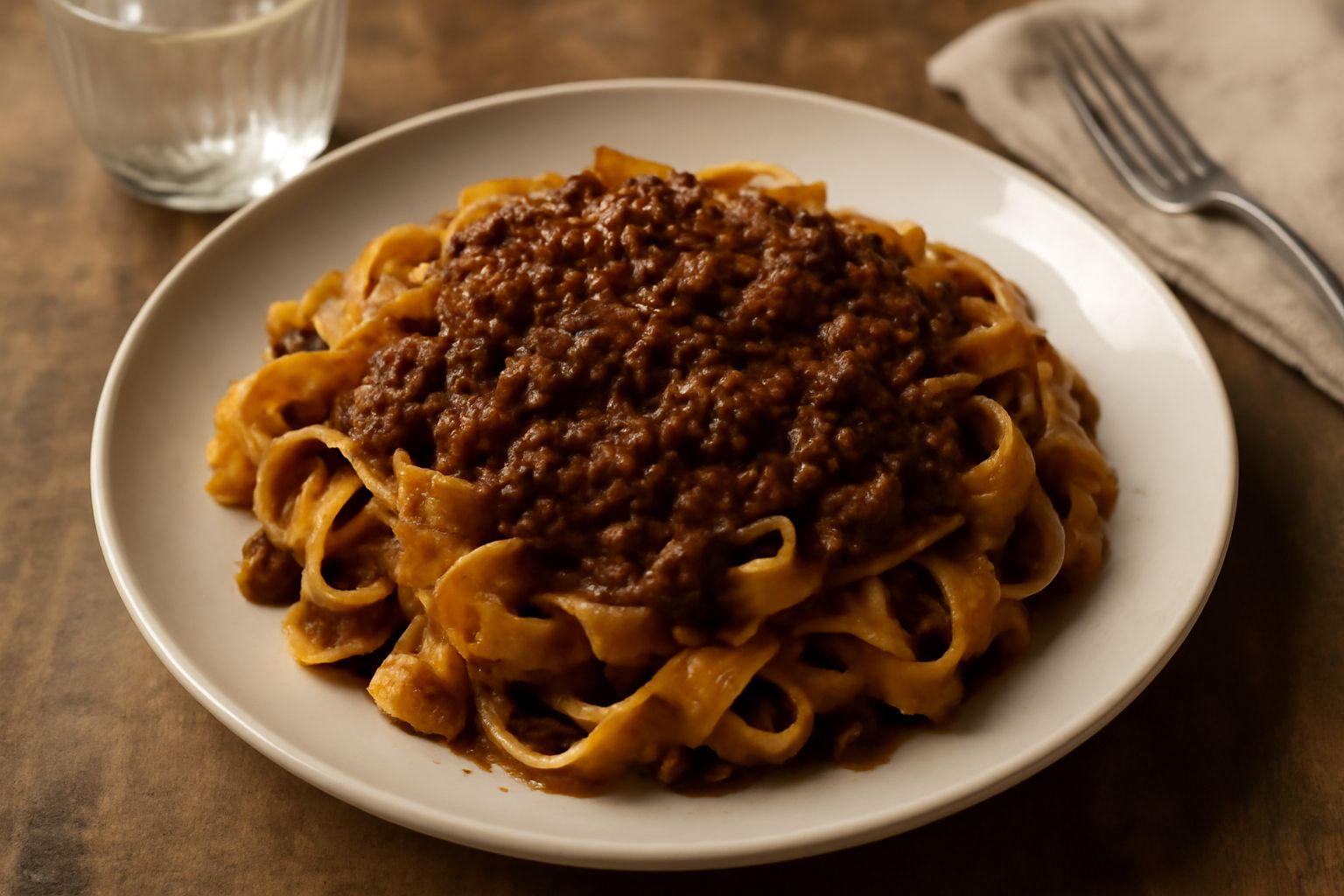 Piatto di pasta all'uovo ricoperta di ragù bolognese marrone scuro e denso, guarnito con parmigiano reggiano grattugiato, su fondo di legno naturale