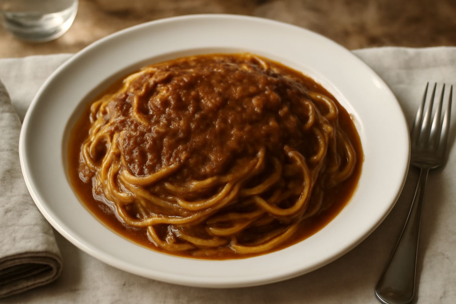 Ragù bresciano in un piatto bianco, sugo denso e marrone scuro con gocce di olio, servito su tagliatelle fresche all'uovo, contorno di formaggio grattugiato bianco in ciotola di ceramica
