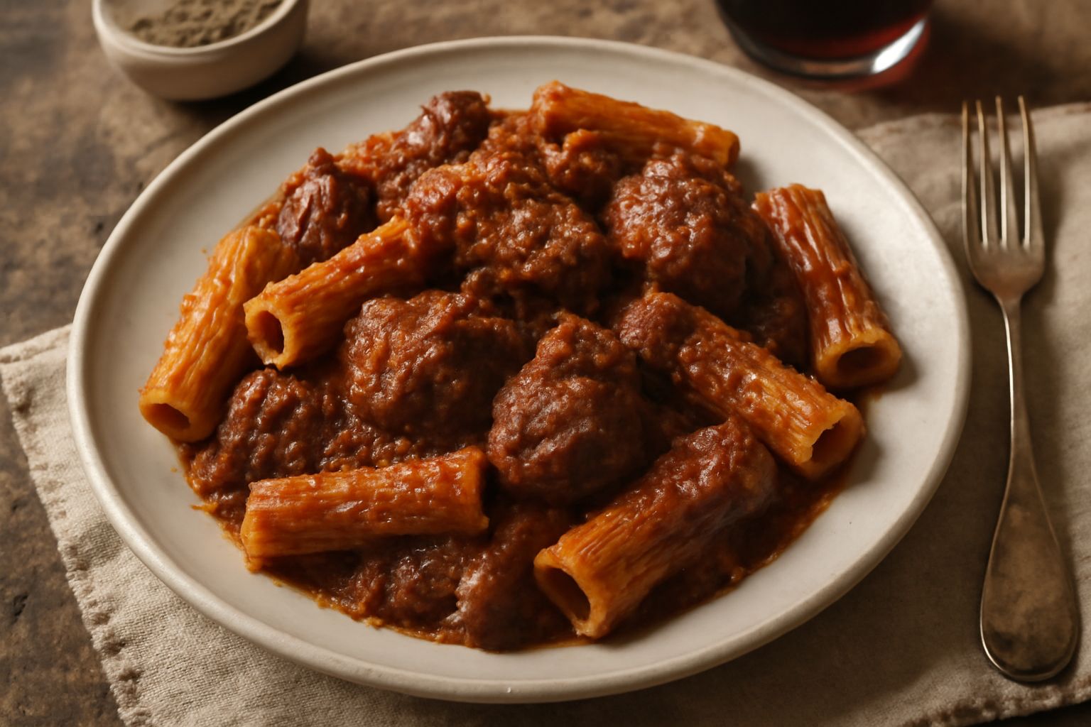 Piatto di pasta con ragù calabrese denso e marrone scuro, condito generosamente, con base di rigatoni e un cucchiaio di salsa che cade dal piatto