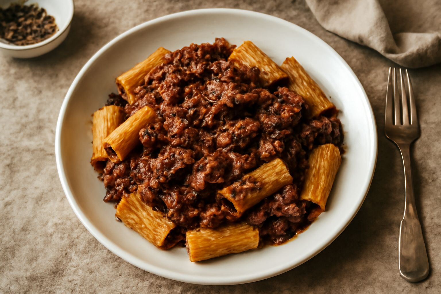 Ragù catanese scuro e denso in una pentola di terracotta, con pezzetti di carne visibili e melanzane dorate, vapore che sale, servito su piatto bianco con pasta rigatoni