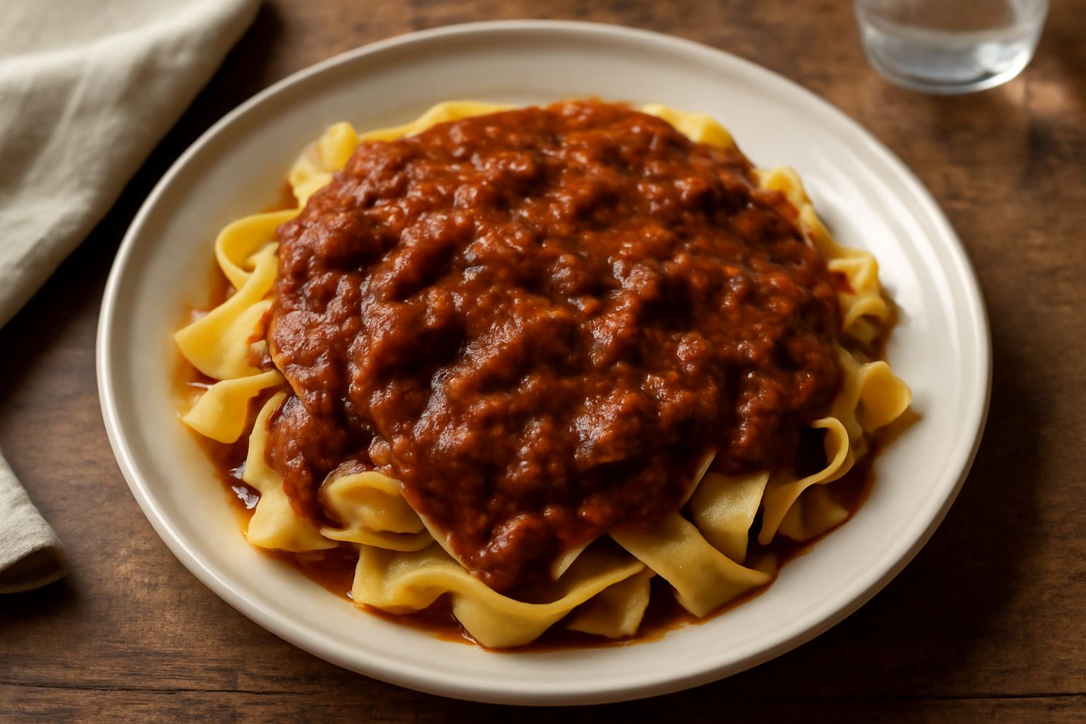 Ragù rosso scuro in pentola di ceramica bianca, con pezzi visibili di frattaglie, servito sopra pappardelle dorate in piatto fondo bianco, grana padano grattugiato in ciotola accanto