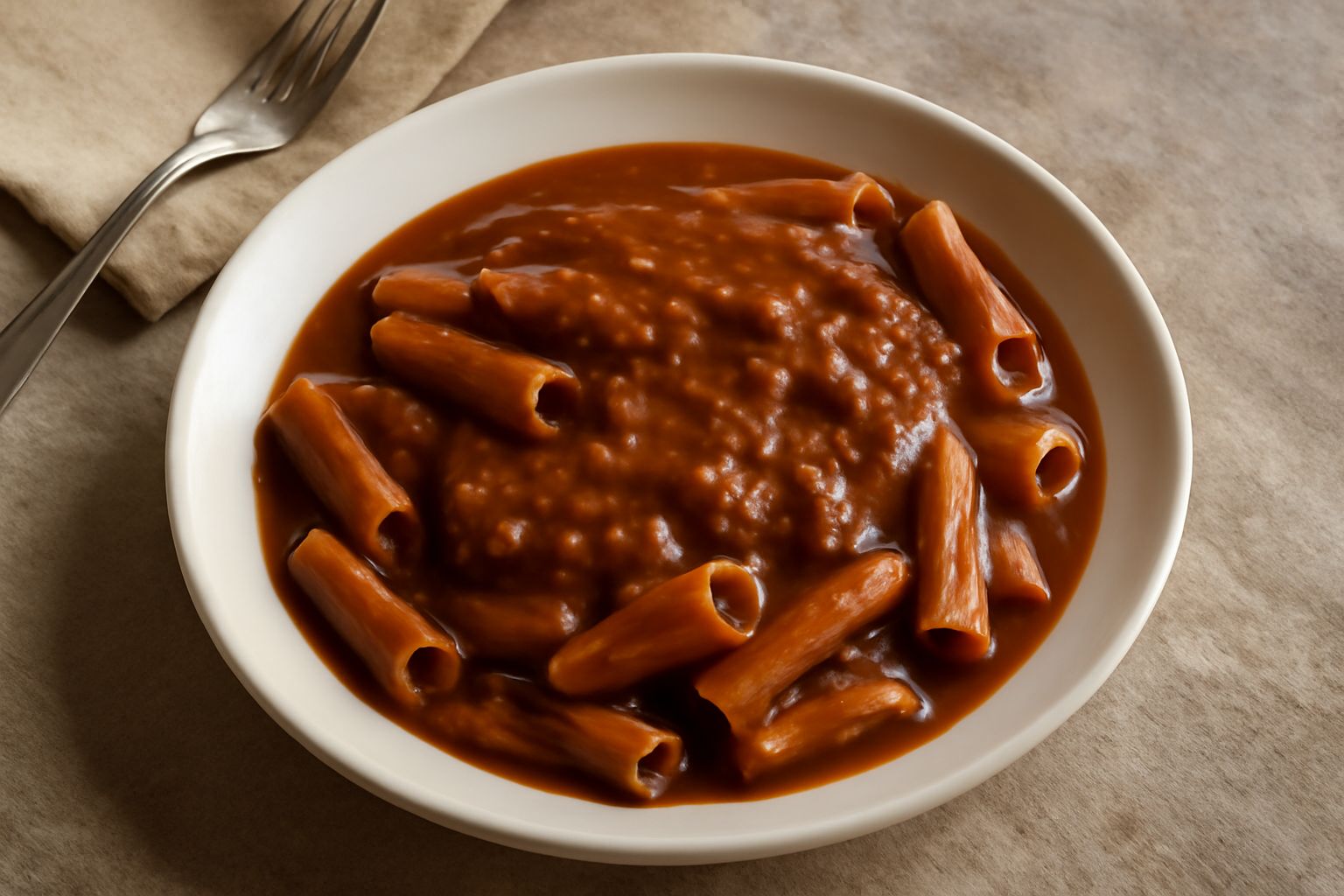 Ragù di carne marrone scuro in un barattolo di vetro chiuso, con sugo denso e ricco visibile attraverso il vetro, su un piano di legno bianco con accanto una fronda di basilico fresco