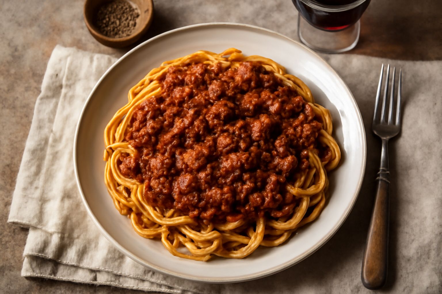 Ragù d'Abruzzo in pentola di terracotta, sugo denso e scuro con gocce di olio in superficie, vapore che sale, accanto pomodori freschi e cipolle tagliate