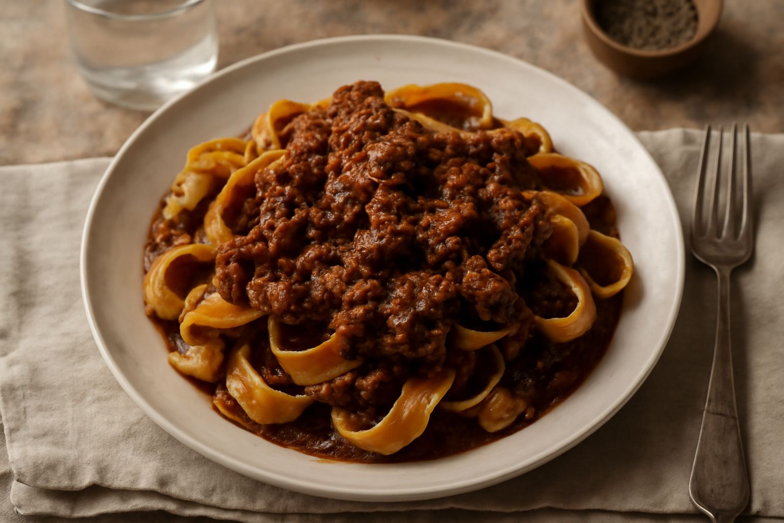Ragù d'agnello denso e scuro servito in un piatto fondo bianco con pappardelle fresche, guarnito con parmigiano grattugiato e prezzemolo verde