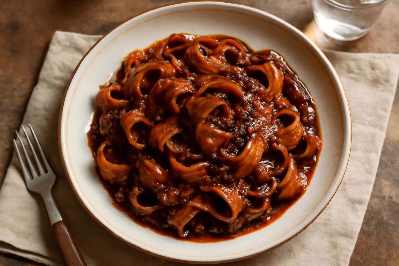 Piatto di pasta con ragù della costiera: tagliatelle al ragù marrone scuro, denso e lucido, con guarnizione di formaggio grattugiato bianco e una foglia di basilico fresco verde, sfondo bianco
