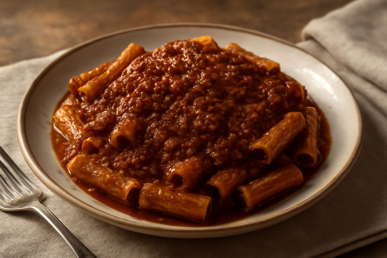 Un piatto fondo di pasta rigatoni condita con ragù scuro e denso, guarnita con pecorino grattugiato bianco, ragù che ricopre completamente la pasta, servito su fondo di tavolo in legno scuro