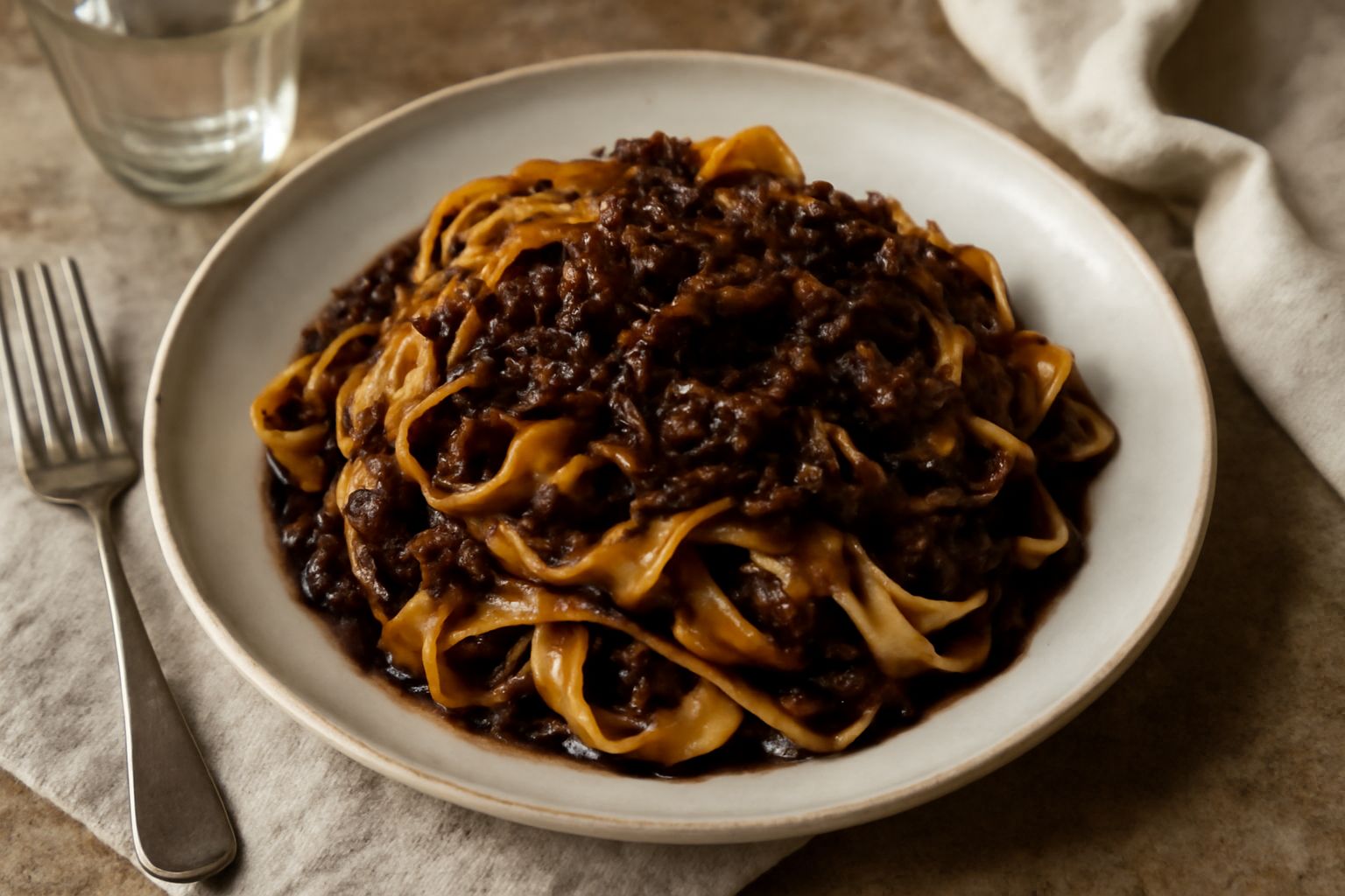 Ragù di caccia in una ciotola di ceramica bianca: sugo denso marrone scuro con pezzi di carne, servito su pasta tagliatelle, con foglia di rosmarino fresco sulla superficie e piatto in primo piano su 
