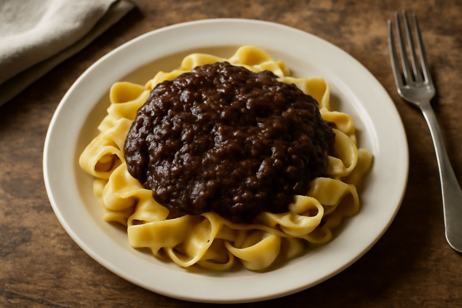 Piatto di pappardelle con ragù di cacciagione color marrone scuro, guarnito con pecorino grattugiato e prezzemolo, servito in un piatto bianco fondo su tavolo di legno