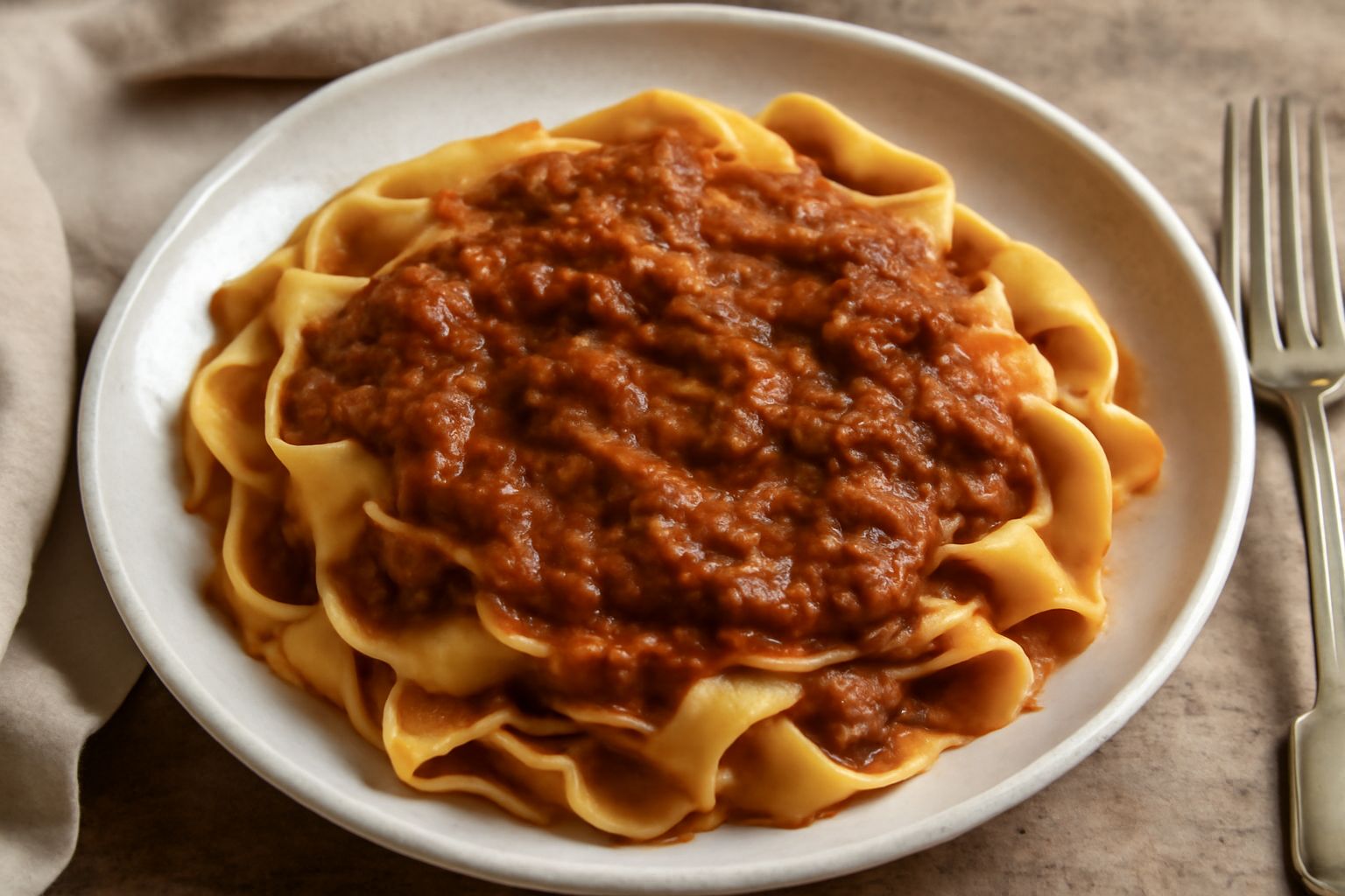 Ragù di capra denso e marrone in pentola di acciaio, con pezzi di carne visibili, vapore che sale, servito in piatto bianco con pappardelle dorate accanto