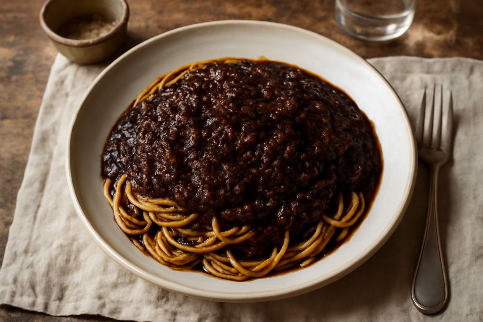 Una pentola in terracotta contiene ragù di carne di colore marrone scuro e denso, con un mestolo in legno immerso nella salsa. Accanto, pasta fresca in bianco pronta per essere condita.