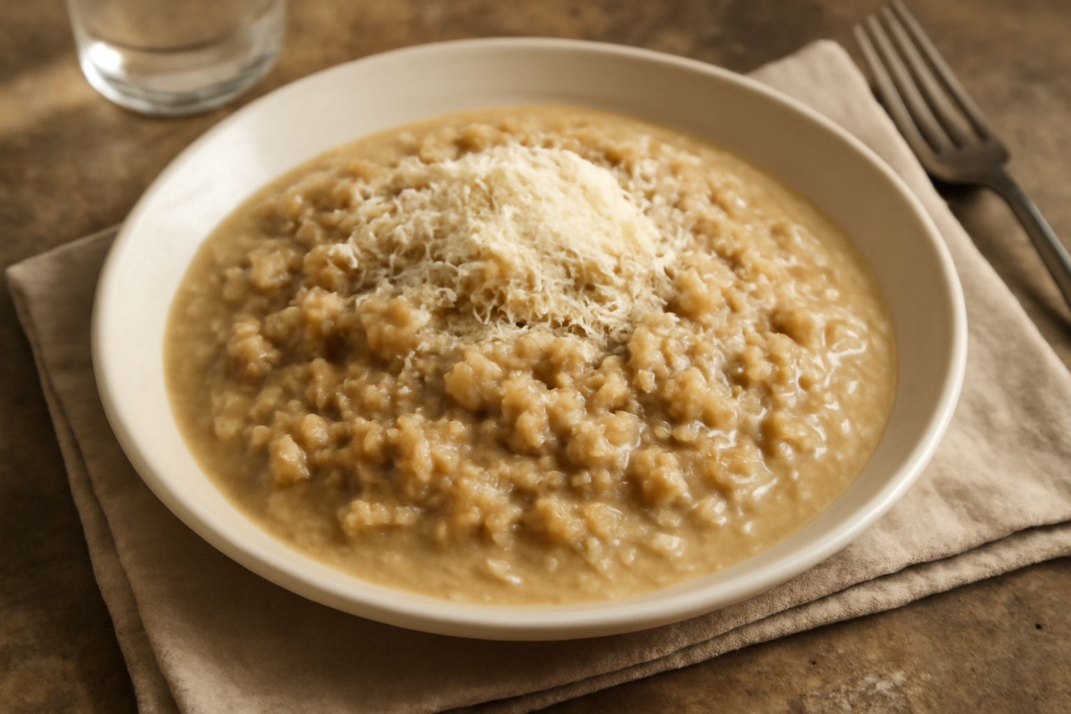 Un piatto fondo di pasta fresca al ragù di carne bianca, color beige cremoso con pezzetti di carne visibili, grattugiata di parmigiano fresco, su tavolo di legno scuro con cucchiaio di legno accanto